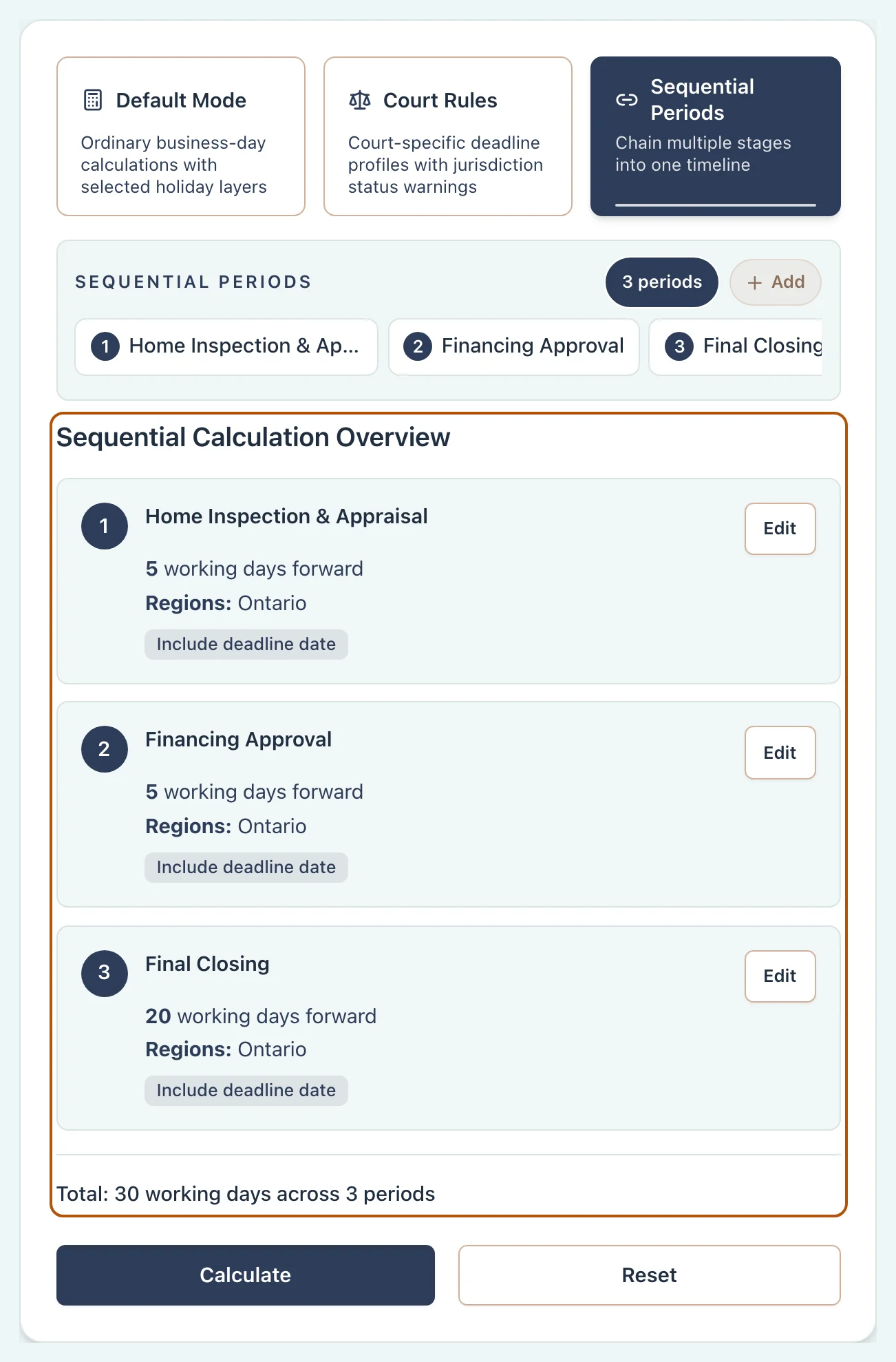 Canada calculator reviewing three sequential Ontario periods